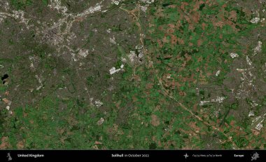 Solihull. Ekim 2022 'de çekilen Kopernik Nöbetçi karolarından oluşan bir uydu görüntüsü üzerinde Birleşik Krallık' ın idari alanı