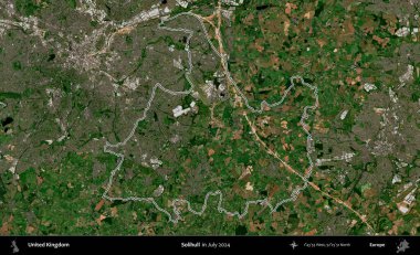 Solihull. Temmuz 2024 'te çekilen Copernicus Sentinel karolarından oluşan bir uydu görüntüsü üzerinde Birleşik Krallık' ın idari bölgesinin ana hatlarını belirledik.