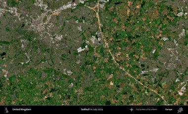 Solihull. Temmuz 2024 'te çekilen Kopernik Nöbetçi karolarından oluşan bir uydu görüntüsü üzerinde Birleşik Krallık' ın idari alanı