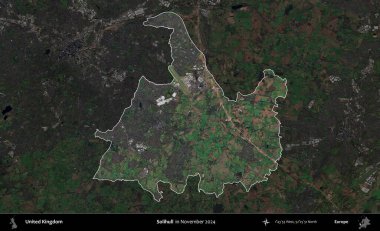 Solihull. Birleşik Krallık 'ın idari alanı, Kasım 2024' te çekilen Kopernik Nöbetçi karolarından oluşan koyu renkli bir uydu görüntüsü üzerinde vurgulandı ve özetlendi.