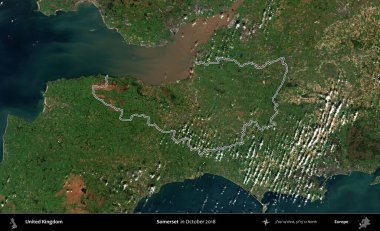 Somerset. Ekim 2018 'de çekilen Kopernik Nöbetçi karolarından oluşan bir uydu görüntüsü üzerinde Birleşik Krallık' ın idari alanının ana hatlarını belirledik.