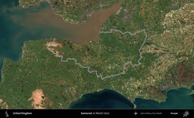 Somerset. Mart 2020 'de çekilen Copernicus Sentinel karolarından oluşan bir uydu görüntüsü üzerinde Birleşik Krallık' ın idari bölgesinin ana hatlarını belirledik.