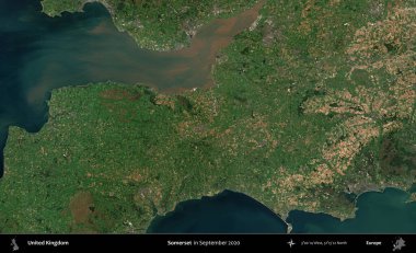 Somerset. Eylül 2020 'de Copernicus Sentinel karolarından oluşan bir uydu görüntüsü üzerinde Birleşik Krallık' ın idari alanı