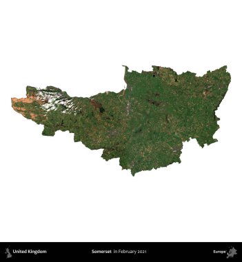 Somerset. Birleşik Krallık 'ın idari alanı, Şubat 2021' de çekilen Kopernik Nöbetçi karolarından oluşan bir uydu görüntüsü üzerinde beyaza izole edilmiştir.