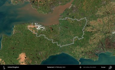 Somerset. Şubat 2021 'de çekilen Kopernik Nöbetçi karolarından oluşan bir uydu görüntüsü üzerinde Birleşik Krallık' ın idari alanının ana hatlarını belirledik.