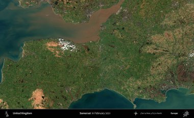 Somerset. Kopernik Sentinel 'in Şubat 2021' de çekilmiş uydu görüntüsü üzerine Birleşik Krallık 'ın idari alanı
