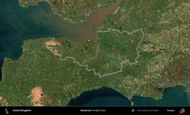 Somerset. Nisan 2021 'de çekilen Kopernik Nöbetçi karolarından oluşan bir uydu görüntüsü üzerinde Birleşik Krallık' ın idari bölgesinin ana hatlarını belirledik.