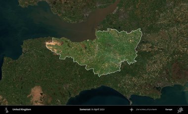 Somerset. Birleşik Krallık 'ın idari alanı, Nisan 2021' de çekilen Kopernik Nöbetçi karolarından oluşan koyu renkli bir uydu görüntüsü üzerinde vurgulandı ve özetlendi.
