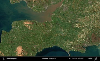 Somerset. Nisan 2021 'de çekilen Kopernik Nöbetçi karolarından oluşan bir uydu görüntüsü üzerinde Birleşik Krallık' ın idari alanı