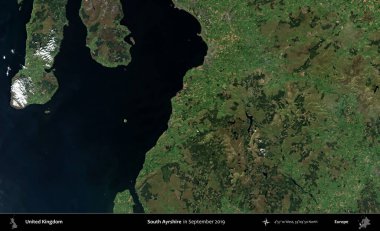 Güney Ayrshire. Eylül 2019 'da çekilen Kopernik Nöbetçi karolarından oluşan bir uydu görüntüsü üzerinde Birleşik Krallık' ın idari alanı