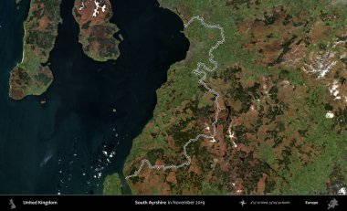 Güney Ayrshire. Kasım 2019 'da çekilen Kopernik Nöbetçi karolarından oluşan bir uydu görüntüsü üzerinde Birleşik Krallık' ın idari alanının ana hatlarını belirledi.