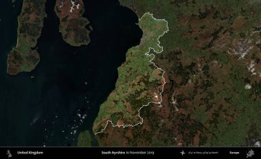 Güney Ayrshire. Birleşik Krallık 'ın idari alanı, Kasım 2019' da çekilen Kopernik Nöbetçi karolarından oluşan koyu renkli bir uydu görüntüsü üzerinde vurgulandı ve özetlendi.