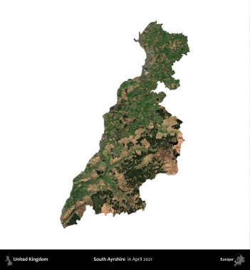 Güney Ayrshire. Birleşik Krallık 'ın idari alanı, Nisan 2021' de çekilen Kopernik Nöbetçi karolarından oluşan bir uydu görüntüsü üzerinde beyaza izole edilmiştir.