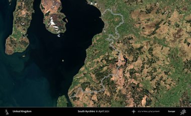 Güney Ayrshire. Nisan 2021 'de çekilen Kopernik Nöbetçi karolarından oluşan bir uydu görüntüsü üzerinde Birleşik Krallık' ın idari bölgesinin ana hatlarını belirledik.