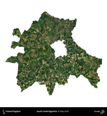 Güney Cambridgeshire. Birleşik Krallık 'ın idari alanı, Mayıs 2018' de çekilen Kopernik Nöbetçi karolarından oluşan bir uydu görüntüsü ile beyaza izole edilmiştir.