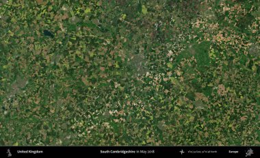 Güney Cambridgeshire. Mayıs 2018 'de Copernicus Sentinel karolarından oluşan bir uydu görüntüsü üzerinde Birleşik Krallık' ın idari alanı