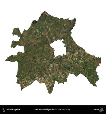 Güney Cambridgeshire. Birleşik Krallık 'ın idari alanı, Şubat 2019' da çekilen Kopernik Nöbetçi karolarından oluşan bir uydu görüntüsüyle beyaza izole edildi.