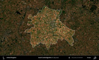 Güney Cambridgeshire. Birleşik Krallık 'ın idari alanı, Temmuz 2022' de çekilen Kopernik Nöbetçi karolarından oluşan koyu renkli bir uydu görüntüsüyle vurgulanmış ve özetlenmiştir.
