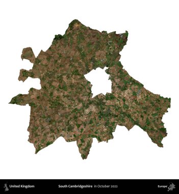 Güney Cambridgeshire. Birleşik Krallık 'ın idari alanı, Ekim 2022' de çekilen Kopernik Nöbetçi karolarından oluşan bir uydu görüntüsüyle beyaza izole edildi.