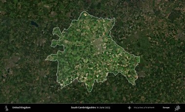Güney Cambridgeshire. Birleşik Krallık 'ın idari alanı, Haziran 2023' te çekilen Kopernik Nöbetçi karolarından oluşan koyu renkli bir uydu görüntüsüyle vurgulanmış ve özetlenmiştir.