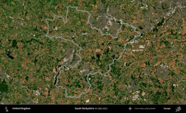 Güney Derbyshire. Temmuz 2022 'de çekilen Copernicus Sentinel karolarından oluşan bir uydu görüntüsü üzerinde Birleşik Krallık' ın idari bölgesinin ana hatlarını belirledik.