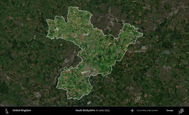 Güney Derbyshire. Birleşik Krallık 'ın idari alanı, Haziran 2023' te çekilen Kopernik Nöbetçi karolarından oluşan koyu renkli bir uydu görüntüsüyle vurgulanmış ve özetlenmiştir.