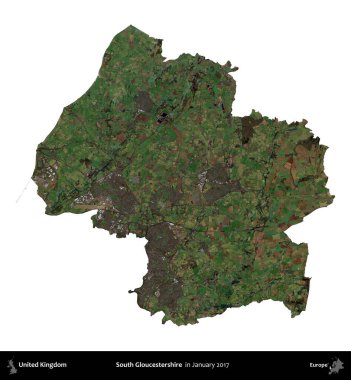 Güney Gloucestershire. Birleşik Krallık 'ın idari alanı, Copernicus Sentinel' in Ocak 2017 'de çekilmiş uydu görüntüsü ile beyaza izole edilmiştir.