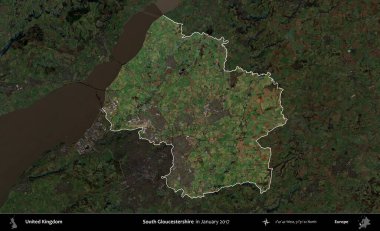 Güney Gloucestershire. Birleşik Krallık 'ın idari alanı, Ocak 2017' de çekilen Kopernik Nöbetçi karolarından oluşan koyu renkli bir uydu görüntüsü üzerinde vurgulandı ve özetlendi.
