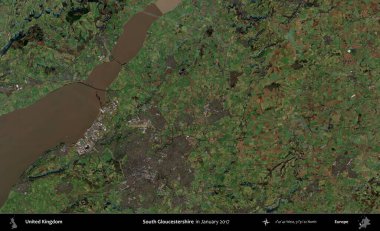 Güney Gloucestershire. Ocak 2017 'de çekilen Kopernik Nöbetçi karolarından oluşan bir uydu görüntüsü üzerinde Birleşik Krallık' ın idari alanı