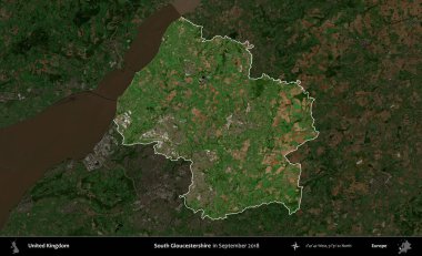 Güney Gloucestershire. Birleşik Krallık 'ın idari alanı, Eylül 2018' de çekilen Kopernik Nöbetçi karolarından oluşan koyu renkli bir uydu görüntüsü üzerinde vurgulandı ve özetlendi.