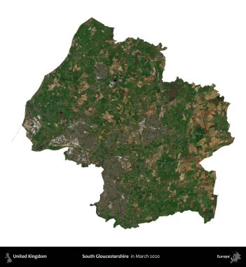 Güney Gloucestershire. Birleşik Krallık 'ın idari alanı, Mart 2020' de çekilen Kopernik Nöbetçi karolarından oluşan bir uydu görüntüsü üzerinde beyaza izole edilmiştir.