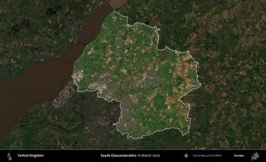 Güney Gloucestershire. Birleşik Krallık 'ın idari alanı, Mart 2020' de çekilen Kopernik Nöbetçi karolarından oluşan koyu renkli bir uydu görüntüsü üzerinde vurgulandı ve özetlendi.
