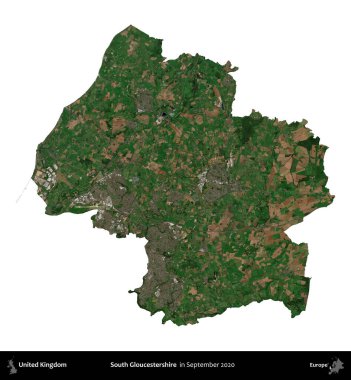 Güney Gloucestershire. Birleşik Krallık 'ın idari alanı, Eylül 2020' de çekilen Kopernik Nöbetçi karolarından oluşan bir uydu görüntüsü üzerinde beyaza izole edilmiştir.