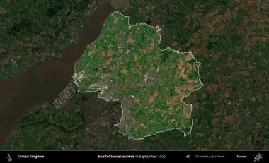 Güney Gloucestershire. Birleşik Krallık 'ın idari alanı, Eylül 2020' de çekilen Kopernik Nöbetçi karolarından oluşan koyu renkli bir uydu görüntüsü üzerinde vurgulandı ve özetlendi.