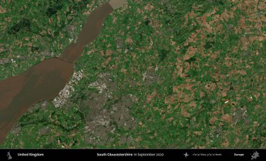 Güney Gloucestershire. Eylül 2020 'de Copernicus Sentinel karolarından oluşan bir uydu görüntüsü üzerinde Birleşik Krallık' ın idari alanı