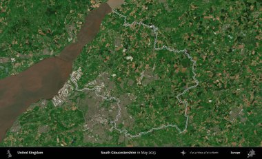 Güney Gloucestershire. Mayıs 2023 'te çekilen Copernicus Sentinel karolarından oluşan bir uydu görüntüsü üzerinde Birleşik Krallık' ın idari alanının ana hatlarını belirledik.