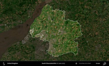 Güney Gloucestershire. Birleşik Krallık 'ın idari alanı, Haziran 2023' te çekilen Kopernik Nöbetçi karolarından oluşan koyu renkli bir uydu görüntüsüyle vurgulanmış ve özetlenmiştir.