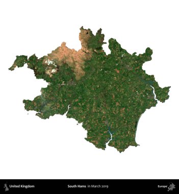 South Hams 'da. Birleşik Krallık 'ın idari alanı, Mart 2019' da çekilen Kopernik Nöbetçi karolarından oluşan bir uydu görüntüsü üzerinde beyaza izole edilmiştir.