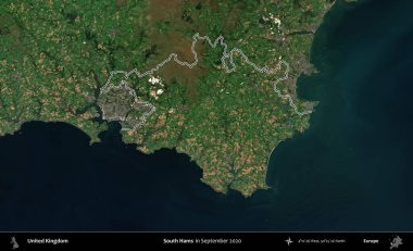 South Hams 'da. Eylül 2020 'de çekilen Kopernik Nöbetçi karolarından oluşan bir uydu görüntüsü üzerinde Birleşik Krallık' ın idari bölgesini özetledik.