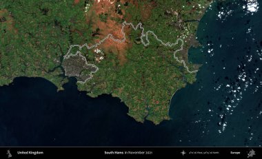 South Hams 'da. Kasım 2021 'de çekilen Kopernik Nöbetçi karolarından oluşan bir uydu görüntüsü üzerinde Birleşik Krallık' ın idari bölgesinin ana hatlarını belirledik.