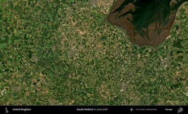 Güney Hollanda. Haziran 2018 'de çekilen Kopernik Nöbetçi karolarından oluşan bir uydu görüntüsü üzerinde Birleşik Krallık' ın idari alanı