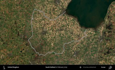 Güney Hollanda. Şubat 2019 'da çekilen Kopernik Nöbetçi karolarından oluşan bir uydu görüntüsü üzerinde Birleşik Krallık' ın idari alanının ana hatlarını belirledik.