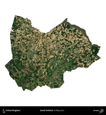 Güney Hollanda. Birleşik Krallık 'ın idari alanı, Mayıs 2021' de çekilen Kopernik Nöbetçi karolarından oluşan bir uydu görüntüsü üzerinde beyaza izole edilmiştir.