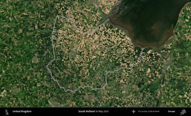 Güney Hollanda. Mayıs 2021 'de çekilen Copernicus Sentinel karolarından oluşan bir uydu görüntüsü üzerinde Birleşik Krallık' ın idari bölgesinin ana hatlarını belirledik.