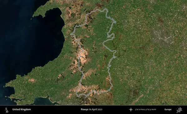 Powys. Nisan 2021 'de çekilen Kopernik Nöbetçi karolarından oluşan bir uydu görüntüsü üzerinde Birleşik Krallık' ın idari bölgesinin ana hatlarını belirledik.