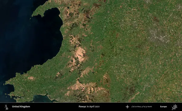 Powys. Nisan 2021 'de çekilen Kopernik Nöbetçi karolarından oluşan bir uydu görüntüsü üzerinde Birleşik Krallık' ın idari alanı