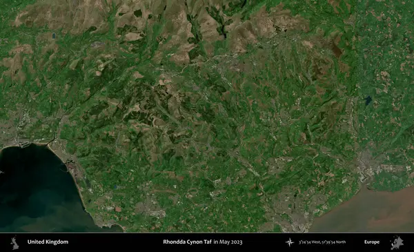 Rhondda Cynon Taf. Mayıs 2023 'te Copernicus Sentinel karolarından oluşan bir uydu görüntüsü üzerinde Birleşik Krallık' ın idari alanı