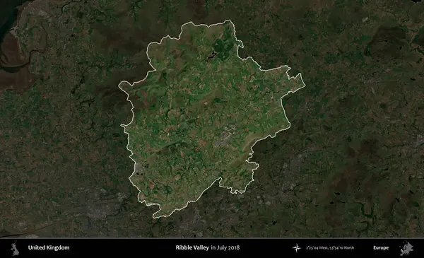Ribble Vadisi. Birleşik Krallık 'ın idari alanı, Temmuz 2018' de çekilen Kopernik Nöbetçi karolarından oluşan koyu renkli bir uydu görüntüsü üzerinde vurgulandı ve özetlendi.