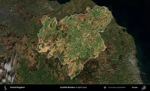 İskoç Sınırı. Birleşik Krallık 'ın idari alanı, Nisan 2020' de çekilen Kopernik Nöbetçi karolarından oluşan koyu renkli bir uydu görüntüsü üzerinde vurgulandı ve özetlendi.