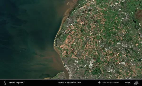 Sefton. Eylül 2020 'de Copernicus Sentinel karolarından oluşan bir uydu görüntüsü üzerinde Birleşik Krallık' ın idari alanı